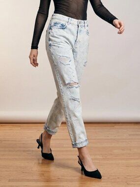 Zara Premium Denim Acid Wash Distressed Relaxed Straight Jeans